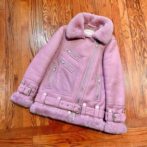 The Arrivals Pink Leather Jacket with Shearling Trim